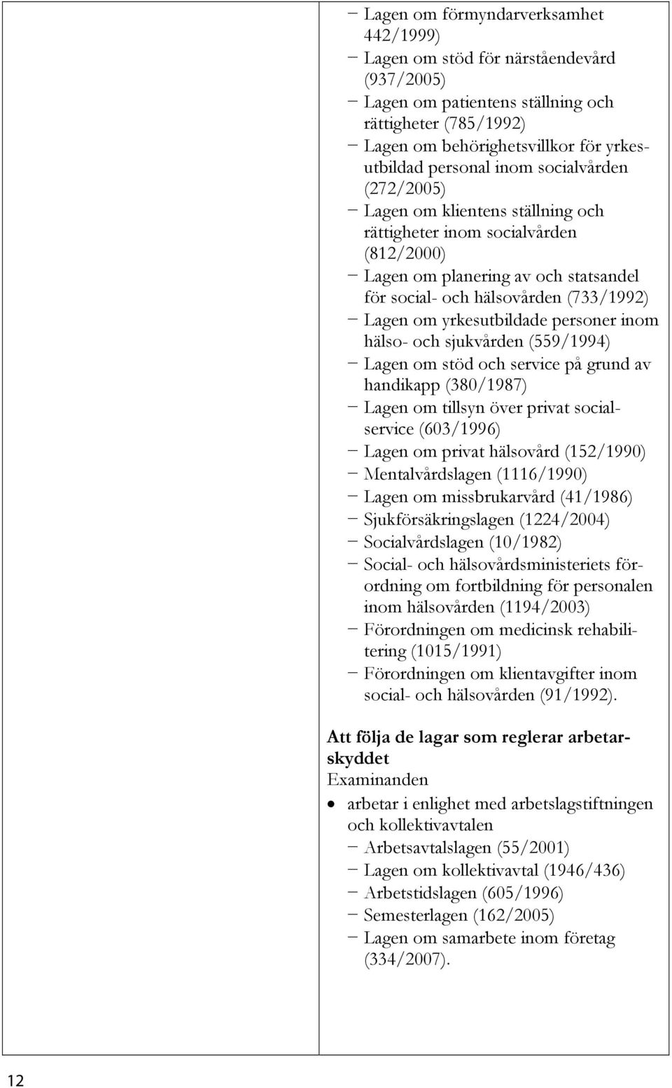 personer inom hälso- och sjukvården (559/1994) Lagen om stöd och service på grund av handikapp (380/1987) Lagen om tillsyn över privat socialservice (603/1996) Lagen om privat hälsovård (152/1990)