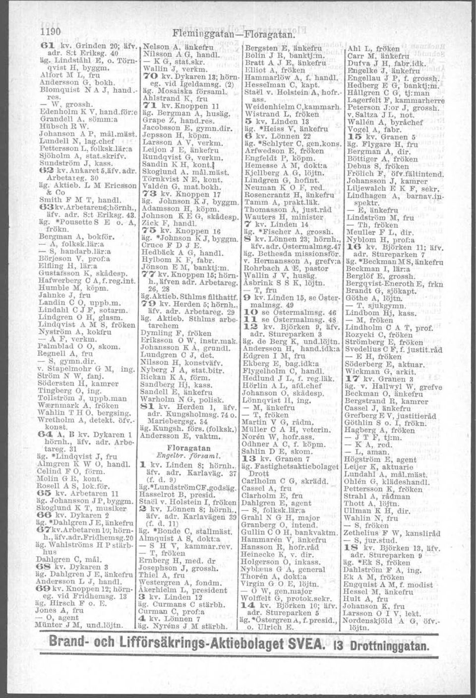 . Blomquist N A J, hand.- äg. Mosaiska föraamt. Staäl v. Holstein A, bofr.- res. Ahlstrand K, fru ass. - W, grossh. 71 kv. Knoppen Il Weidenhielm C,kammarh. Edenholm K V, hand.för:e äg.