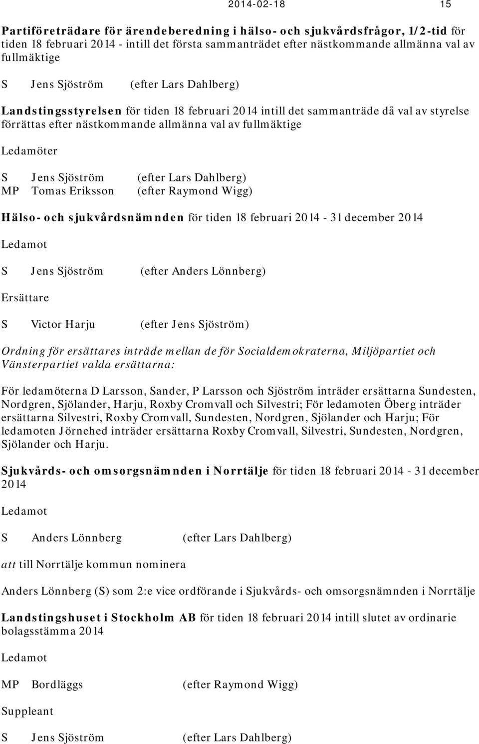 Sjöström (efter Lars Dahlberg) MP Tomas Eriksson (efter Raymond Wigg) Hälso- och sjukvårdsnämnden för tiden 18 februari 2014-31 december 2014 Ledamot S Jens Sjöström (efter Anders Lönnberg) Ersättare