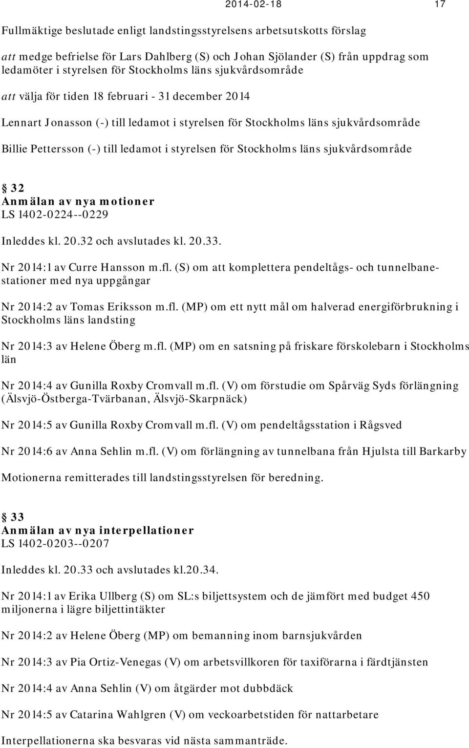 i styrelsen för Stockholms läns sjukvårdsområde 32 Anmälan av nya motioner LS 1402-0224--0229 Inleddes kl. 20.32 och avslutades kl. 20.33. Nr 2014:1 av Curre Hansson m.fl.