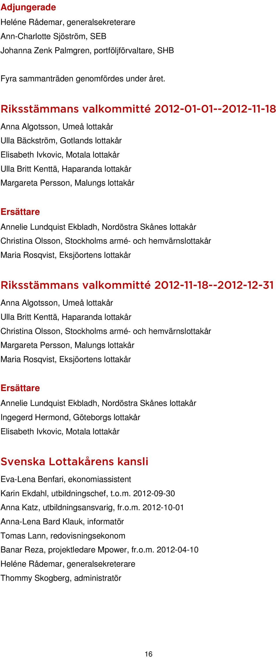 Persson, Malungs lottakår Ersättare Annelie Lundquist Ekbladh, Nordöstra Skånes lottakår Christina Olsson, Stockholms armé- och hemvärnslottakår Maria Rosqvist, Eksjöortens lottakår Riksstämmans