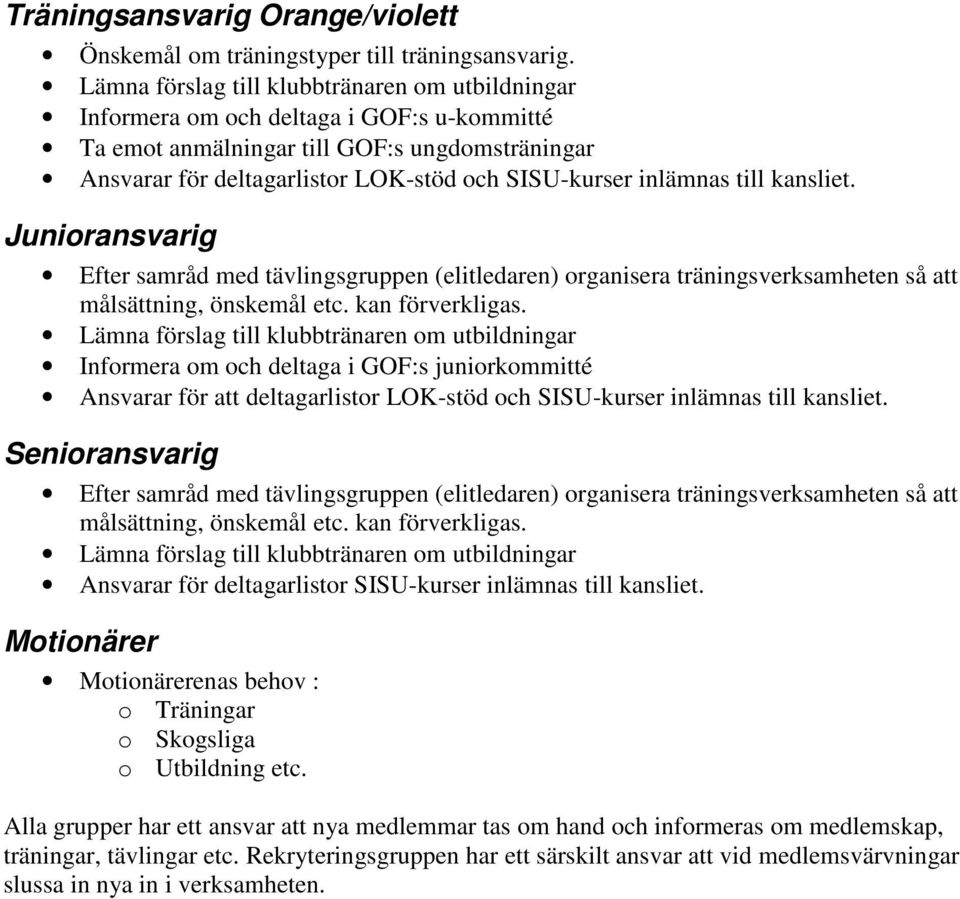 inlämnas till kansliet. Junioransvarig Efter samråd med tävlingsgruppen (elitledaren) organisera träningsverksamheten så att målsättning, önskemål etc. kan förverkligas.