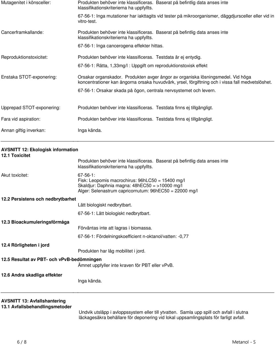 klassifikationskriterierna ha uppfyllts 67-56-1: Inga cancerogena effekter hittas Produkten behöver inte klassificeras Testdata är ej entydig 67-56-1: Råtta, 1,33mg/l : Uppgift om reproduktionstoxisk