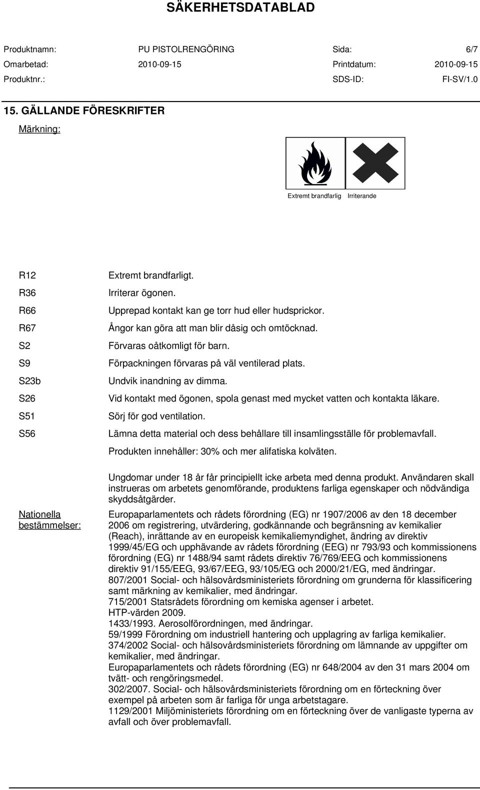 Undvik inandning av dimma. Vid kontakt med ögonen, spola genast med mycket vatten och kontakta läkare. Sörj för god ventilation.