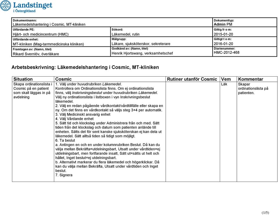2016-01-20 Diarienummer: HMC-2012-468 Arbetsbeskrivning: emedelshantering i, MT-kliniken Situation Rutiner utanför Skapa ordinationslista i på en patient som skall läggas in på avdelning 1.