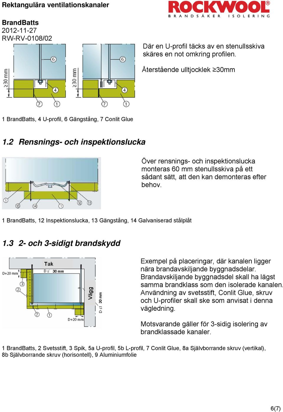 1 BrandBatts, 12 Inspektionslucka, 13 Gängstång, 14 Galvaniserad stålplåt 1.3 2- och 3-sidigt brandskydd Exempel på placeringar, där kanalen ligger nära brandavskiljande byggnadsdelar.