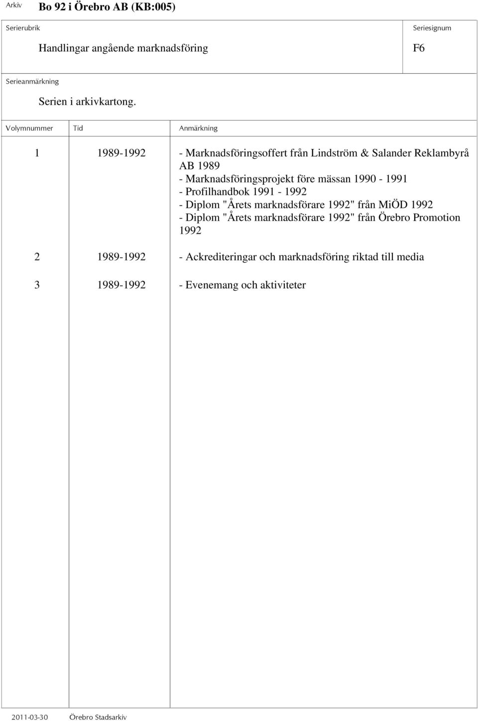 "Årets marknadsförare 1992" från MiÖD 1992 - Diplom "Årets marknadsförare 1992" från Örebro Promotion