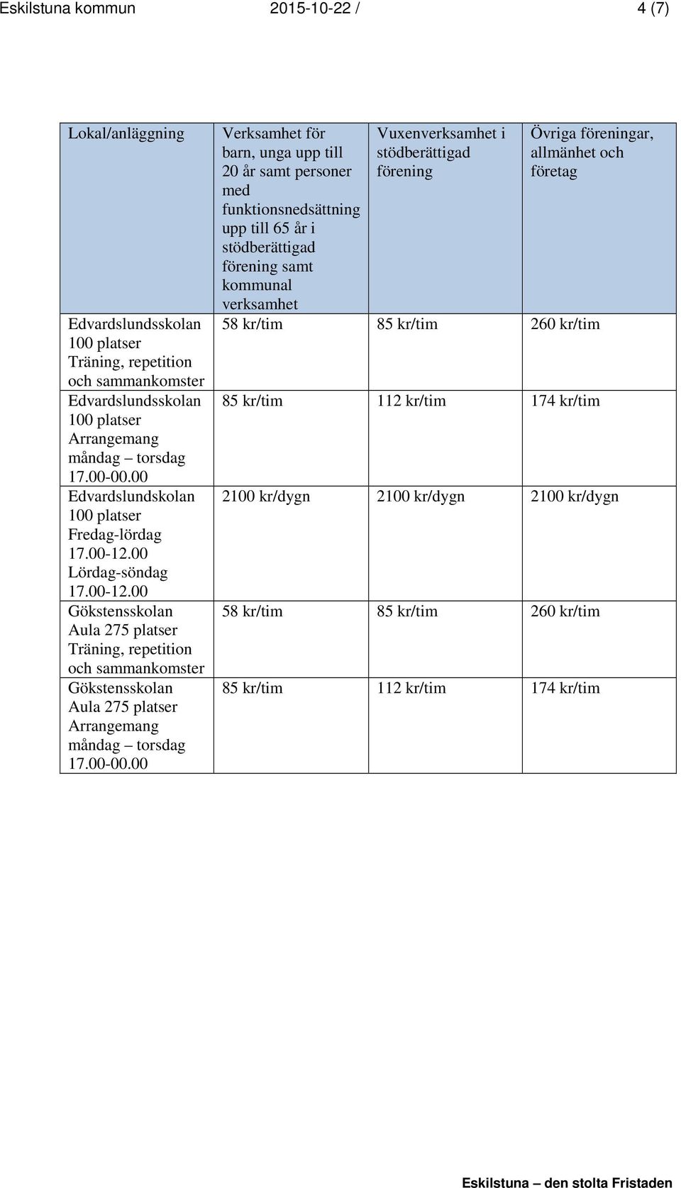 275 platser Aula 275 platser samt 85 kr/tim 112 kr/tim 174 kr/tim