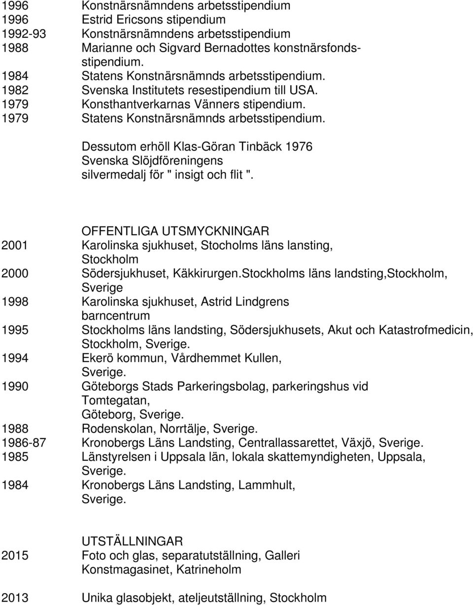 Dessutom erhöll Klas-Göran Tinbäck 1976 Svenska Slöjdföreningens silvermedalj för " insigt och flit ".