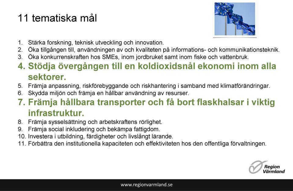 Främja anpassning, riskförebyggande och riskhantering i samband med klimatförändringar. 6. Skydda miljön och främja en hållbar användning av resurser. 7.