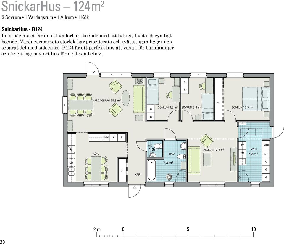 B124 är ett perfekt hus att växa i för barnfamiljer och är ett lagom stort hus för de flesta behov.