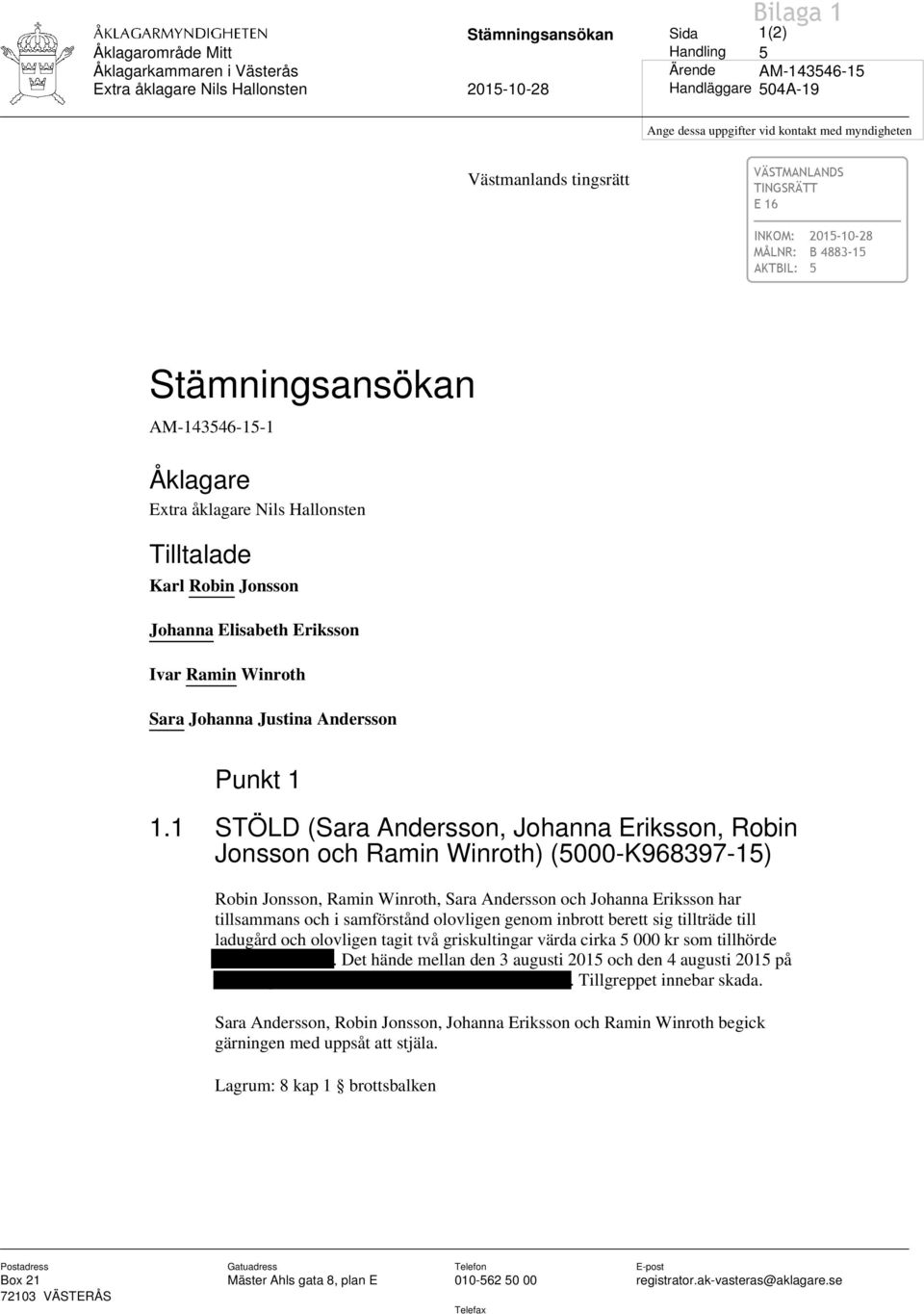 Jonsson (19901107-3872) Johanna Elisabeth Eriksson (19900430-0480) Ivar Ramin Winroth (19880805-8559) Sara Johanna Justina Andersson (19870323-6946) Punkt 1 1.