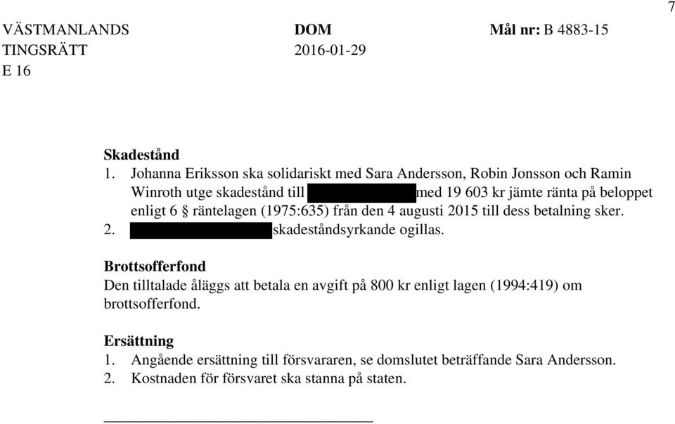 på beloppet enligt 6 räntelagen (1975:635) från den 4 augusti 2015 till dess betalning sker. 2. Elisabeth Söderströms skadeståndsyrkande ogillas.