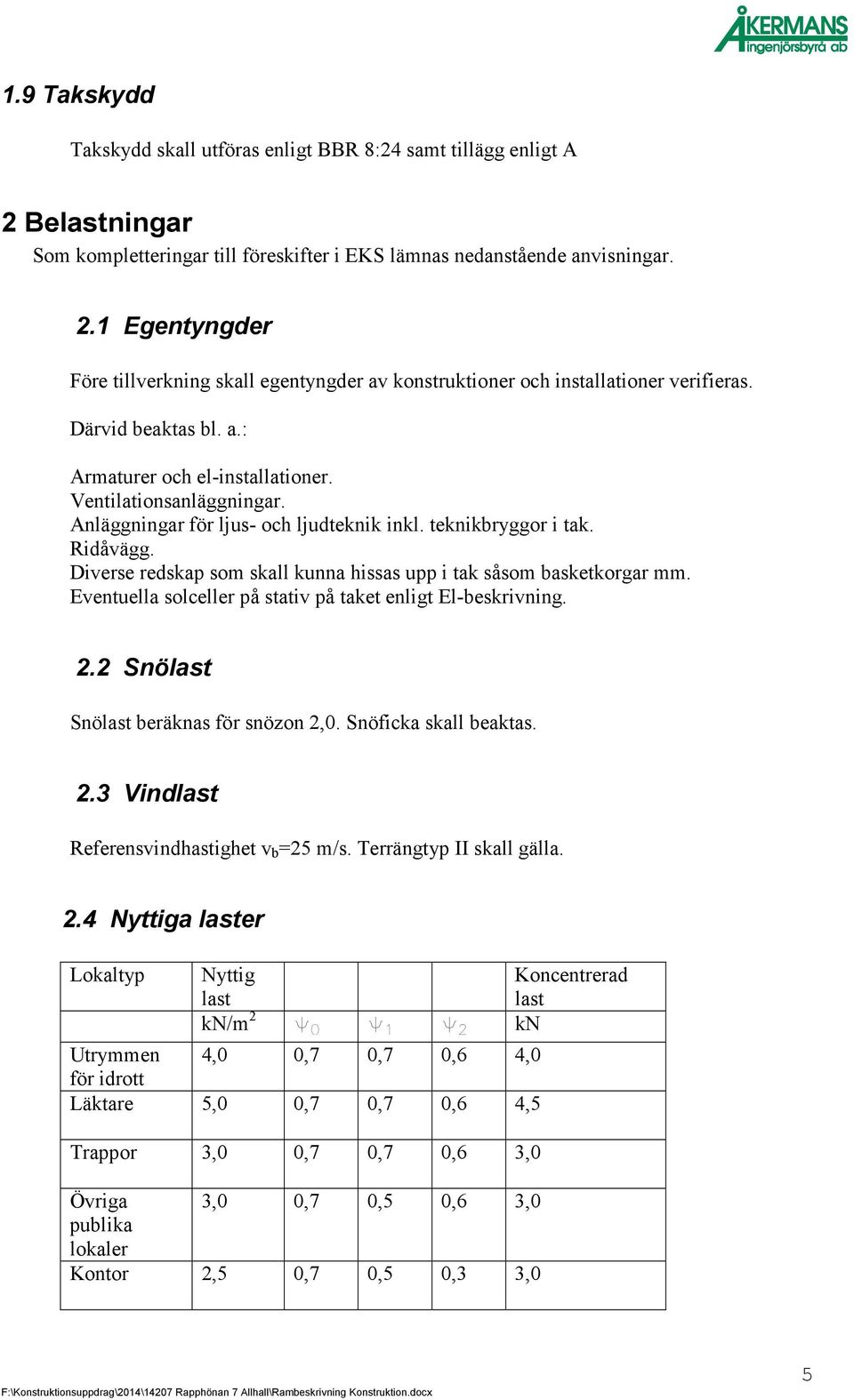 Diverse redskap som skall kunna hissas upp i tak såsom basketkorgar mm. Eventuella solceller på stativ på taket enligt El-beskrivning. 2.2 Snölast Snölast beräknas för snözon 2,0.