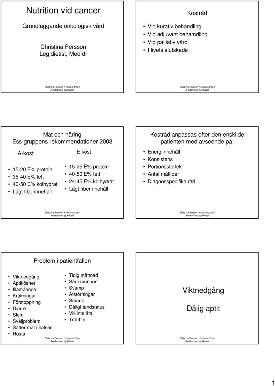 Kostråd anpassas efter den enskilde patienten med avseende på: Energiinnehåll Konsistens Portionsstorlek Antal måltider Diagnosspecifika råd Problem i patientfallen Viktnedgång Aptitlöshet