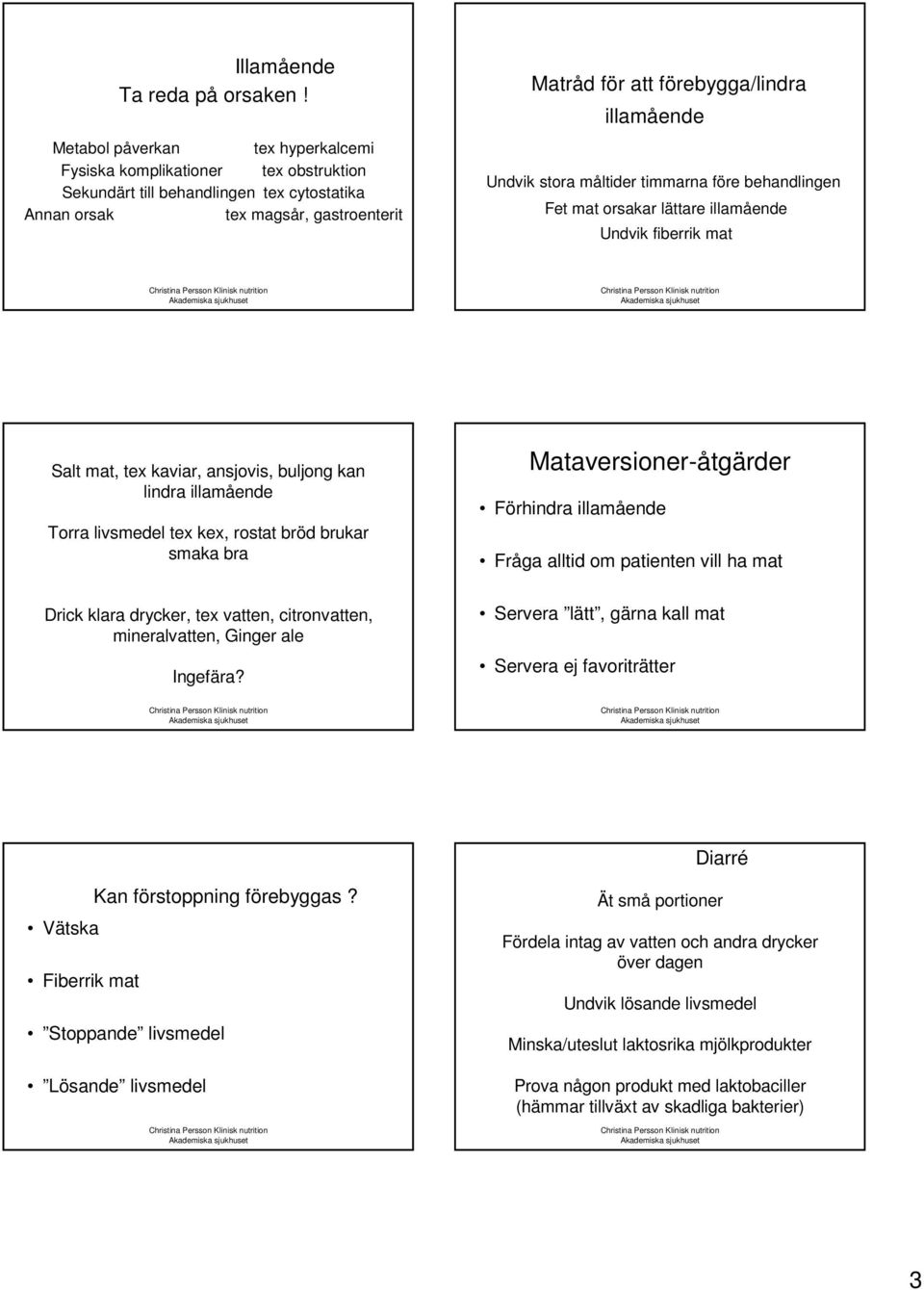 Undvik stora måltider timmarna före behandlingen Fet mat orsakar lättare illamående Undvik fiberrik mat Salt mat, tex kaviar, ansjovis, buljong kan lindra illamående Torra livsmedel tex kex, rostat