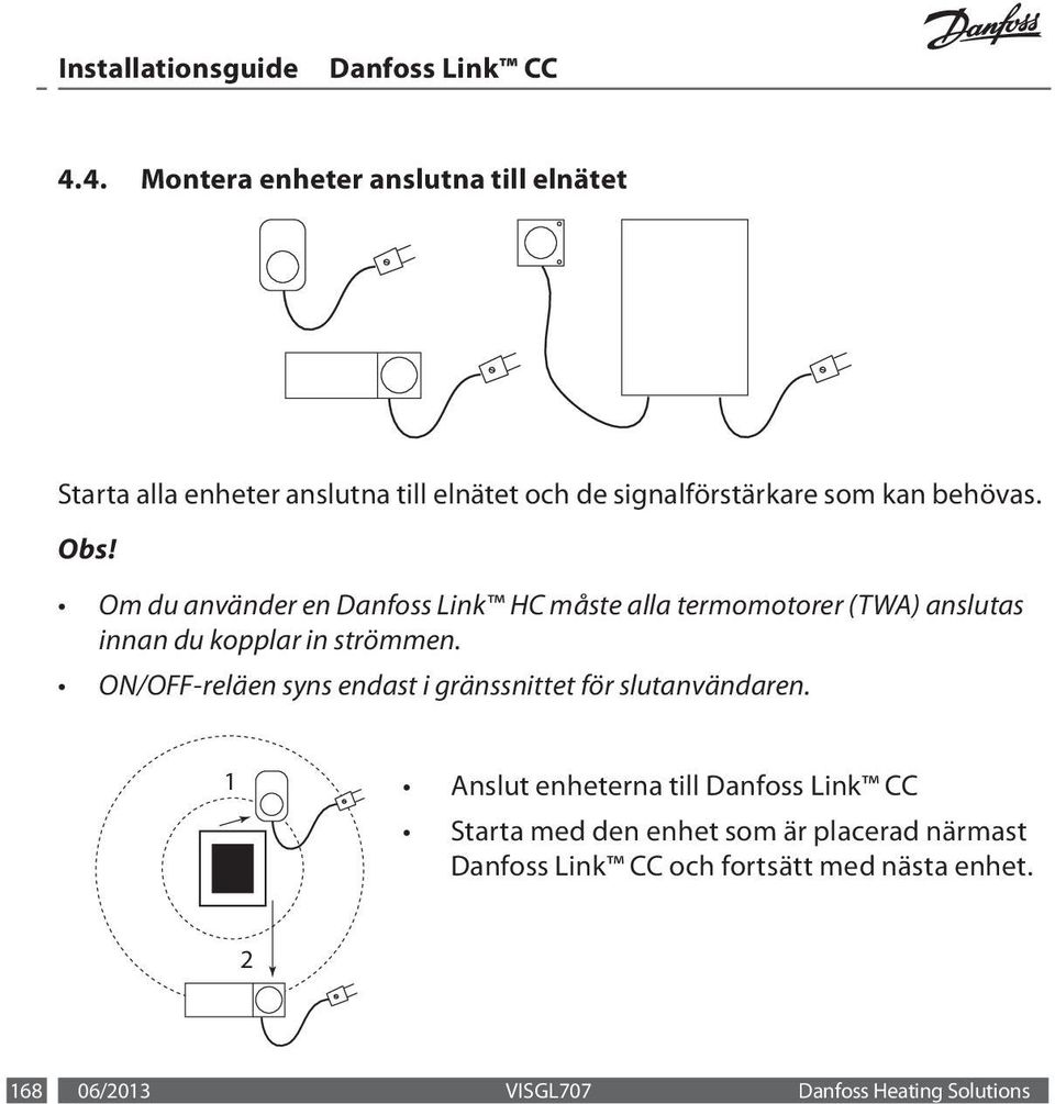 Om du använder en Danfoss Link HC måste alla termomotorer (TWA) anslutas innan du kopplar in strömmen.