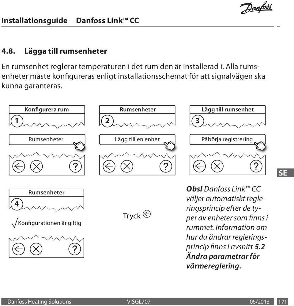 1 Konfigurera rum 2 Rumsenheter Lägg till rumsenhet 3 Rumsenheter Lägg till en enhet Påbörja registrering SE Rumsenheter 4 Konfigurationen är giltig