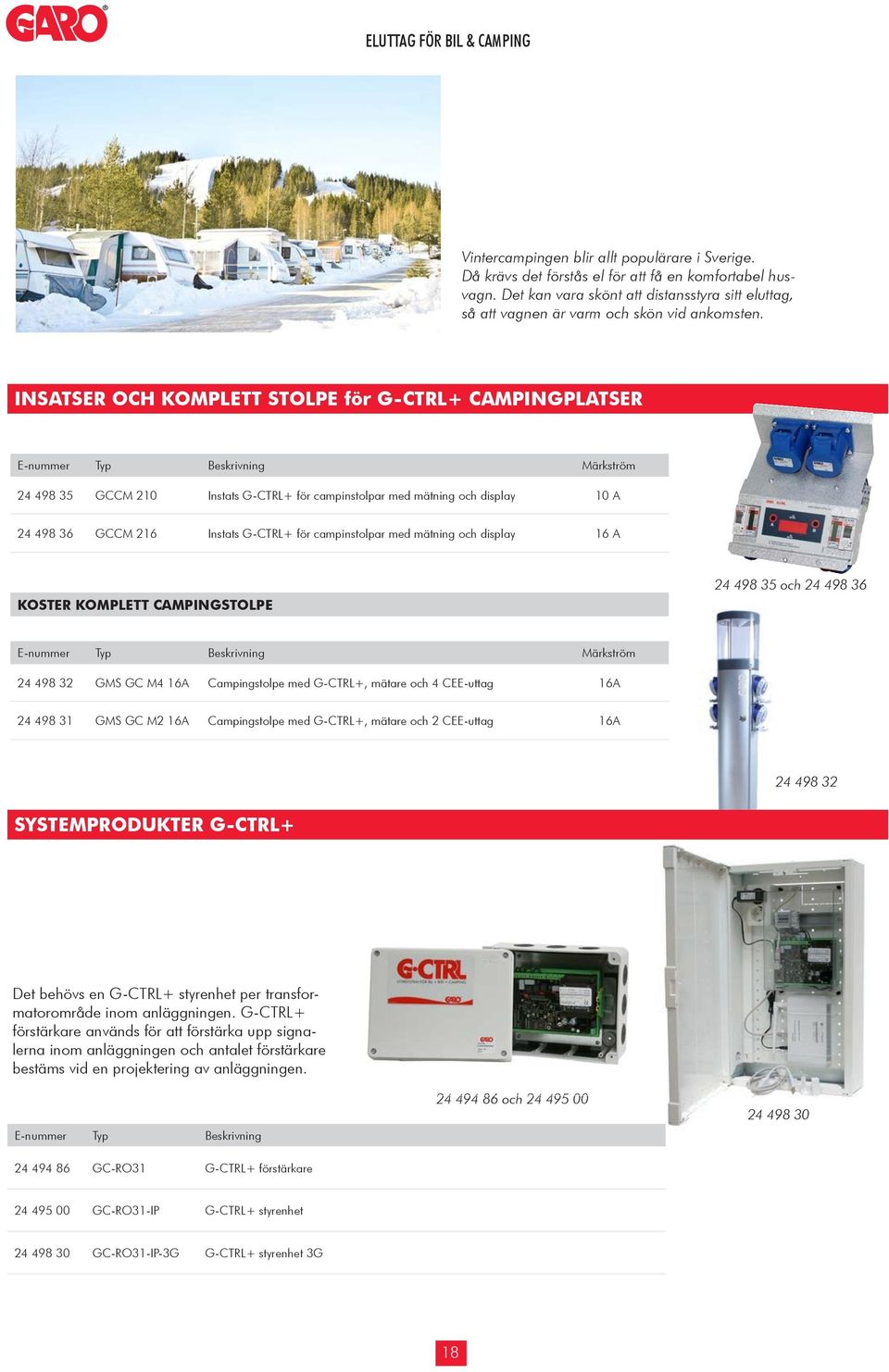 INSATSER OCH KOMPLETT STOLPE för G-CTRL+ CAMPINGPLATSER 24 498 35 GCCM 210 Instats G-CTRL+ för campinstolpar med mätning och display 10 A 24 498 36 GCCM 216 Instats G-CTRL+ för campinstolpar med