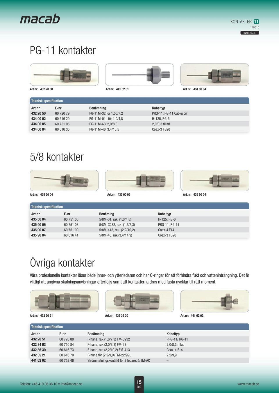 rillad 434 00 04 60 616 35 PG-11M-46, 3,4/15,5 Coax-3 FB20 5/8 kontakter Art.nr: 435 50 04 Art.nr: 435 90 06 Art.nr: 435 90 04 Art.
