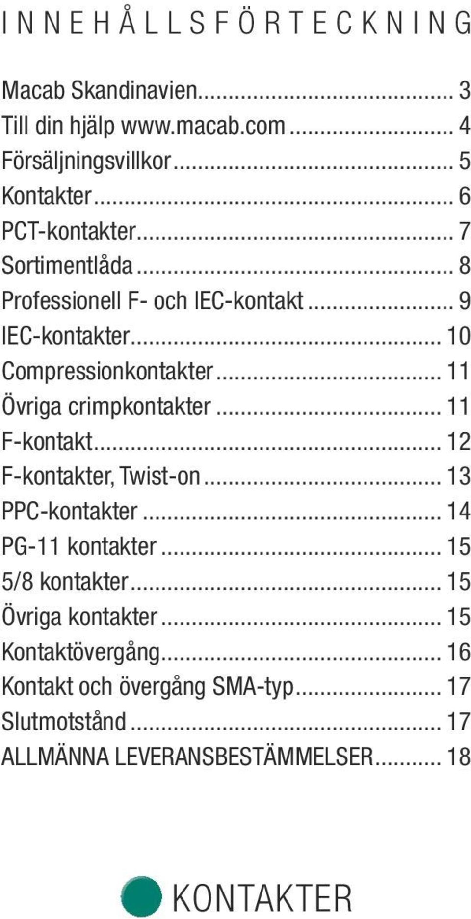 .. 11 Övriga crimpkontakter... 11 F-kontakt... 12 F-kontakter, Twist-on... 13 PPC-kontakter... 14 PG-11 kontakter.
