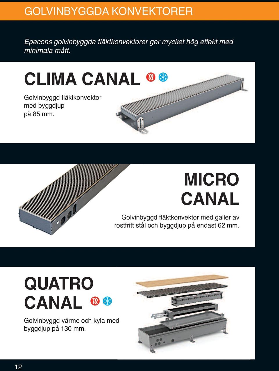 CLIMA CANAL Golvinbyggd fläktkonvektor med byggdjup på 85 mm.