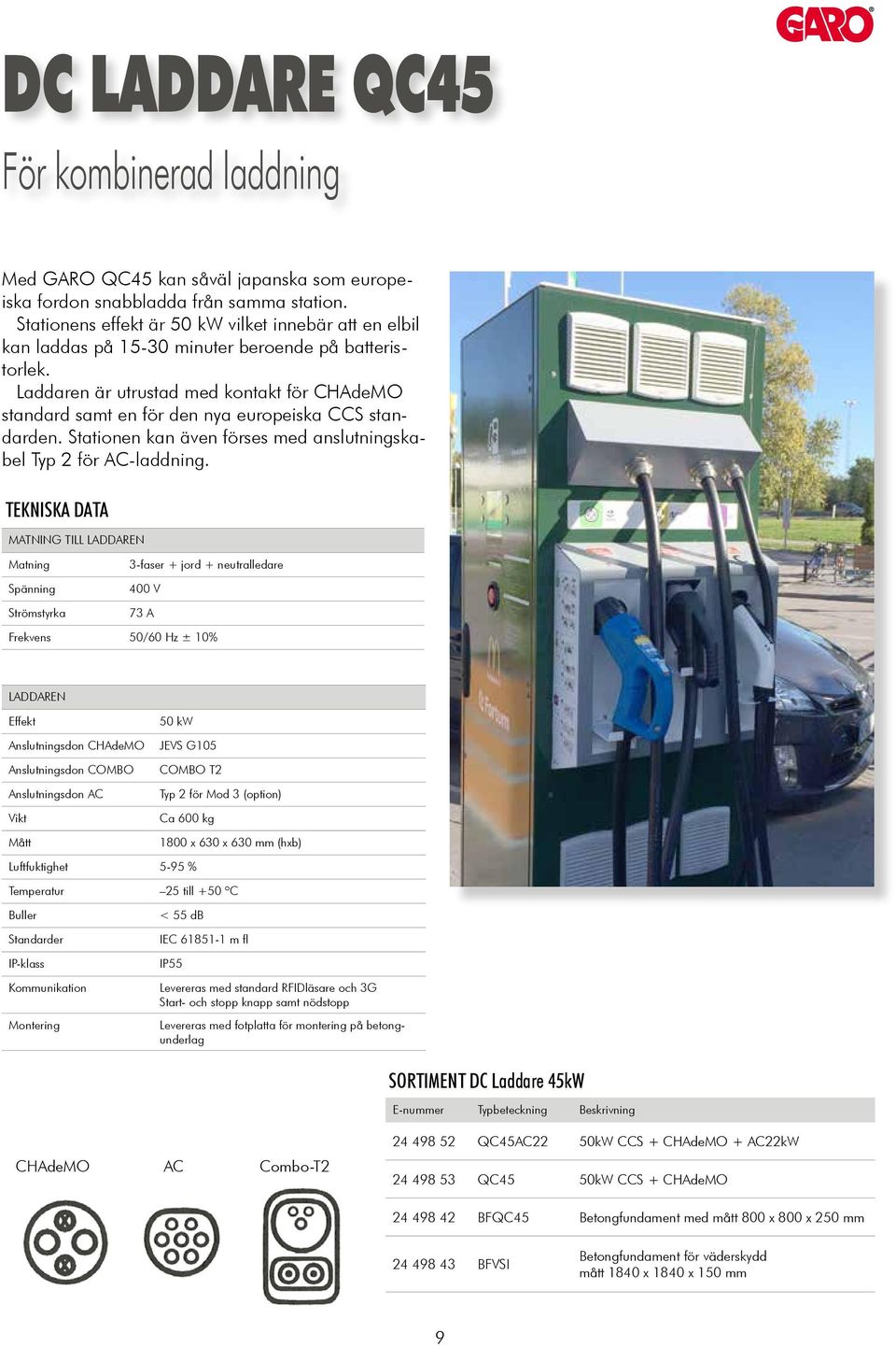 Laddaren är utrustad med kontakt för CHAdeMO standard samt en för den nya europeiska CCS standarden. Stationen kan även förses med anslutningskabel Typ 2 för AC-laddning.