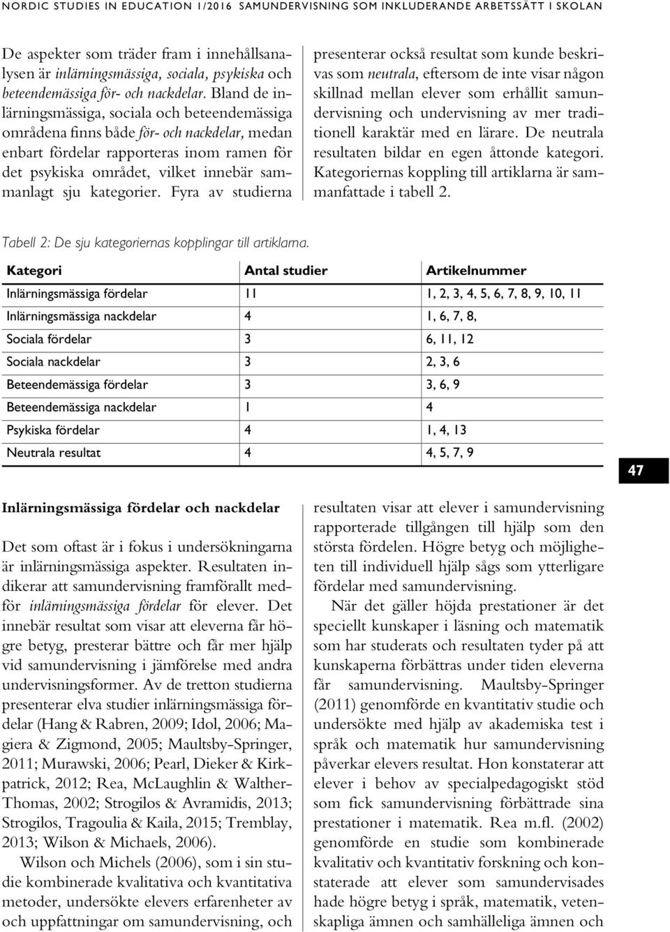 Bland de inlärningsmässiga, sociala och beteendemässiga områdena finns både för- och nackdelar, medan enbart fördelar rapporteras inom ramen för det psykiska området, vilket innebär sammanlagt sju