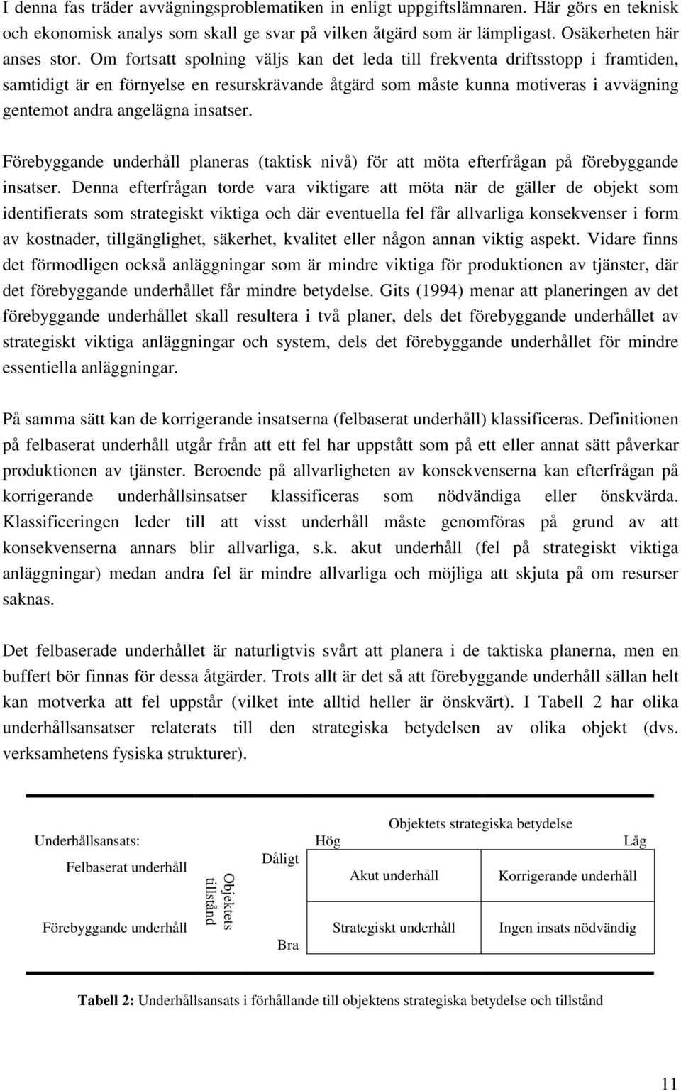 insatser. Förebyggande underhåll planeras (taktisk nivå) för att möta efterfrågan på förebyggande insatser.