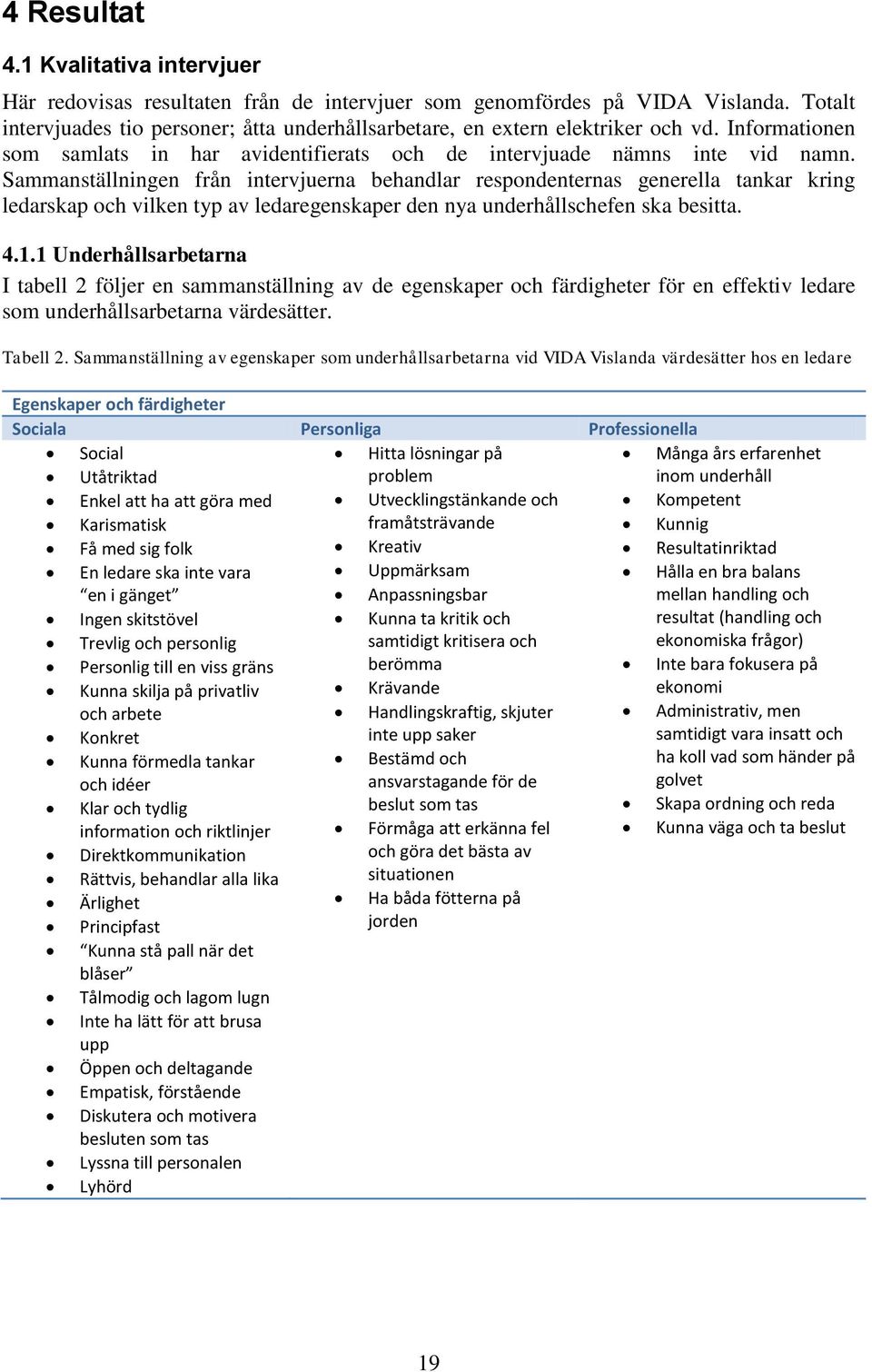 Sammanställningen från intervjuerna behandlar respondenternas generella tankar kring ledarskap och vilken typ av ledaregenskaper den nya underhållschefen ska besitta. 4.1.