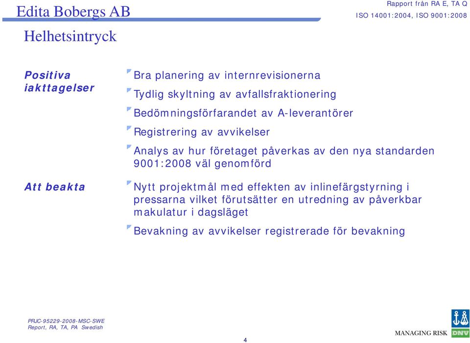 Analys av hur företaget påverkas av den nya standarden 9001:2008 väl genomförd Nytt projektmål med effekten av