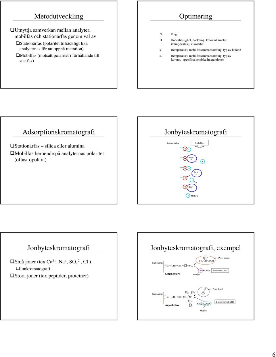 kolonn, specifika kemiska interaktioner Adsorptionskromatografi Jonbyteskromatografi silica eller alumina beroende på analyternas polaritet (oftast opolära) Motjon Jonbyteskromatografi Små joner (tex