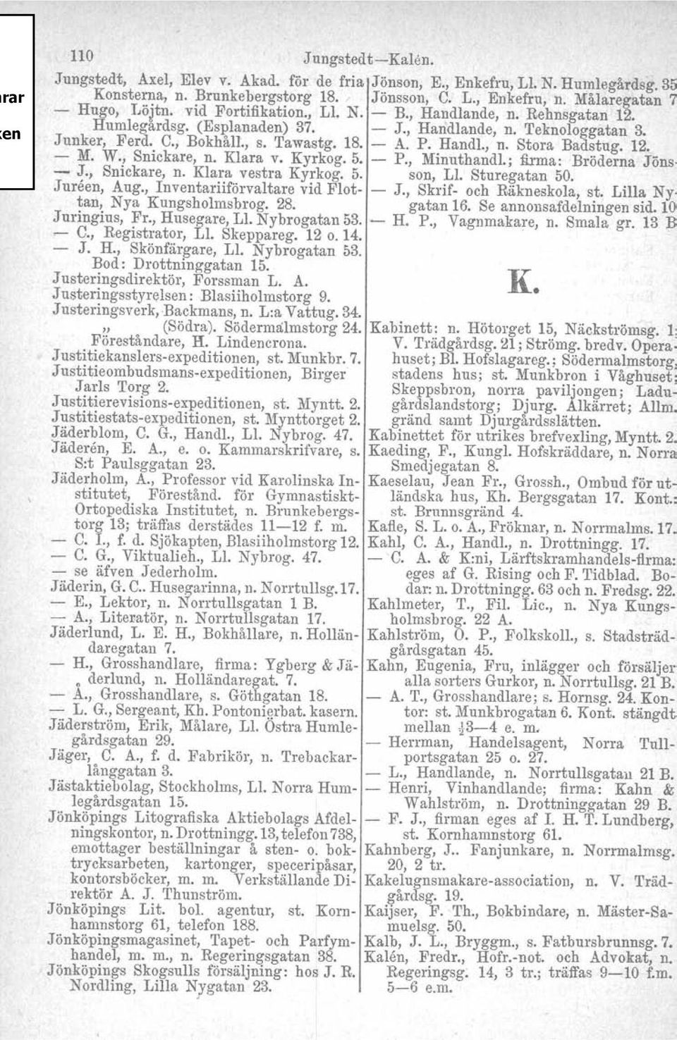 12. M. W., Snickare, n. Klara v. Kyrkog.5. P., Minuthandl., :firma: Bröderna Jöns. J., Snickare, n. Klara vestra Kyrkog. 5. son, Ll. Sture gatan 50. Jureen, Aug., Inventariiförvaltare vid Flot J.