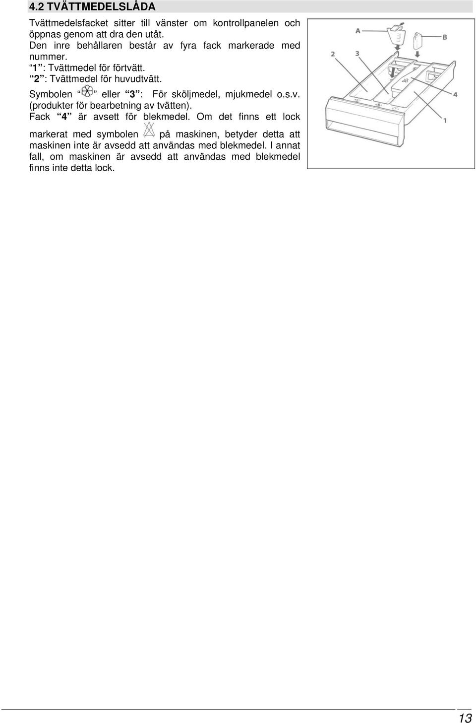 Symbolen eller 3 : För sköljmedel, mjukmedel o.s.v. (produkter för bearbetning av tvätten). Fack 4 är avsett för blekmedel.