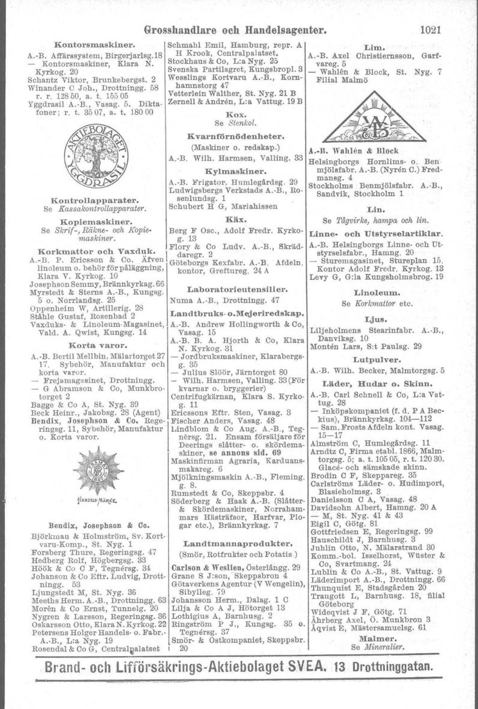 3 Wesslings Kortvaru A.-B., Kornhamnstorg 4, Vetterlein Walther, St. Nyg. 21 B Zernell &; Andren, L:a Vattug. 19 B Kox. Se Sienkol, Kvarnförnödenheter. (Maskiner O. redskap.) A.-B. Wilh.