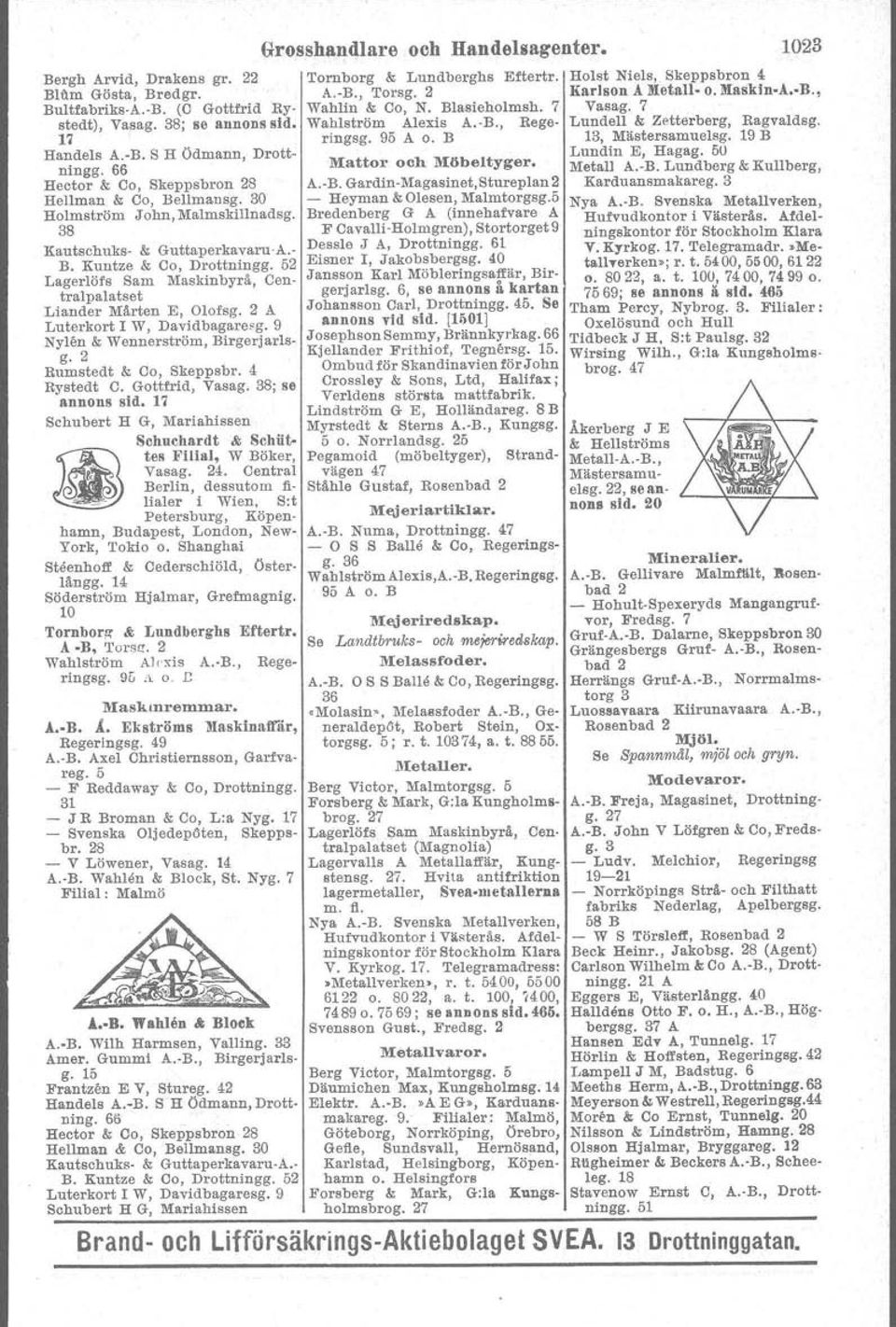 2 Lagerlöfs Sam Maskinbyrä, Centralpalatset Liander Märten E, Olofsg. 2 A Luterkort l W, Davidbagareeg. 9 NyHm & Wennerström, Birgerjarlsg. 2 Rumstedt & Co, Skeppsbr. 4 Rystedt C. Gottfrid, Vasag.