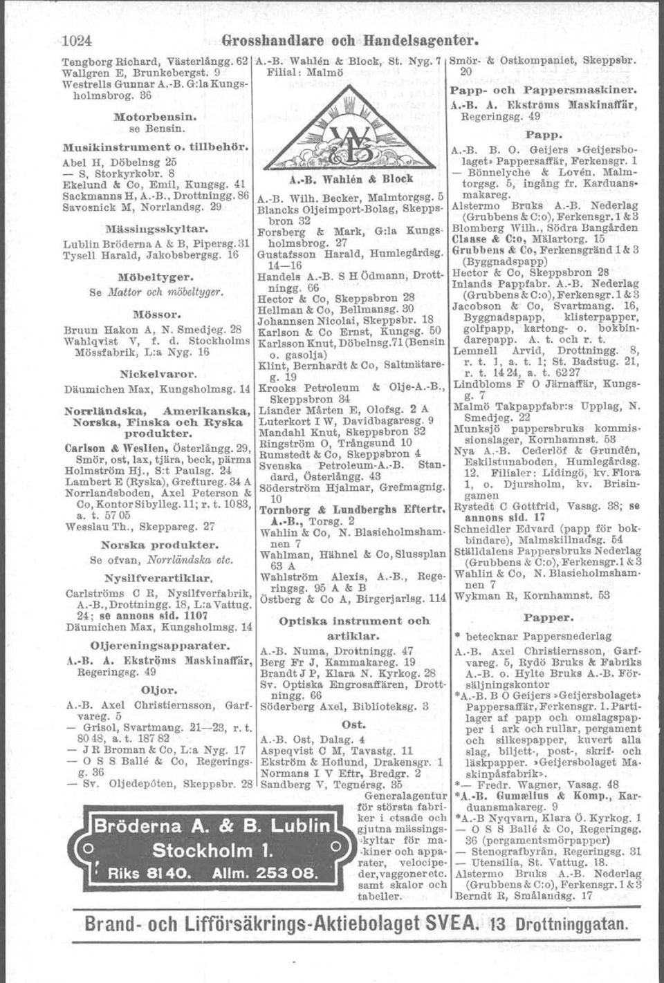 110 Däumichen Max, Kungsholmag. 14 Oljereningsapparater. A.-B..l. Ekströms liiaskinatl"år, Begertrigag. 49 Oljor. A.-B. Axel Christiernsson, Garfvareg. - Grlsol, Svartmang. 21-23, r. t.