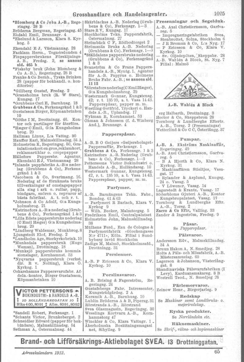 , Tyska Brinken 28 (papper för bokhand!. o. konditorier) 'Gillberg Gustat, Fredsg. 2 'Gransholms bruk (R. W Stare), Kungsg. 1 'Grubbens Carl E, Barnhusg.