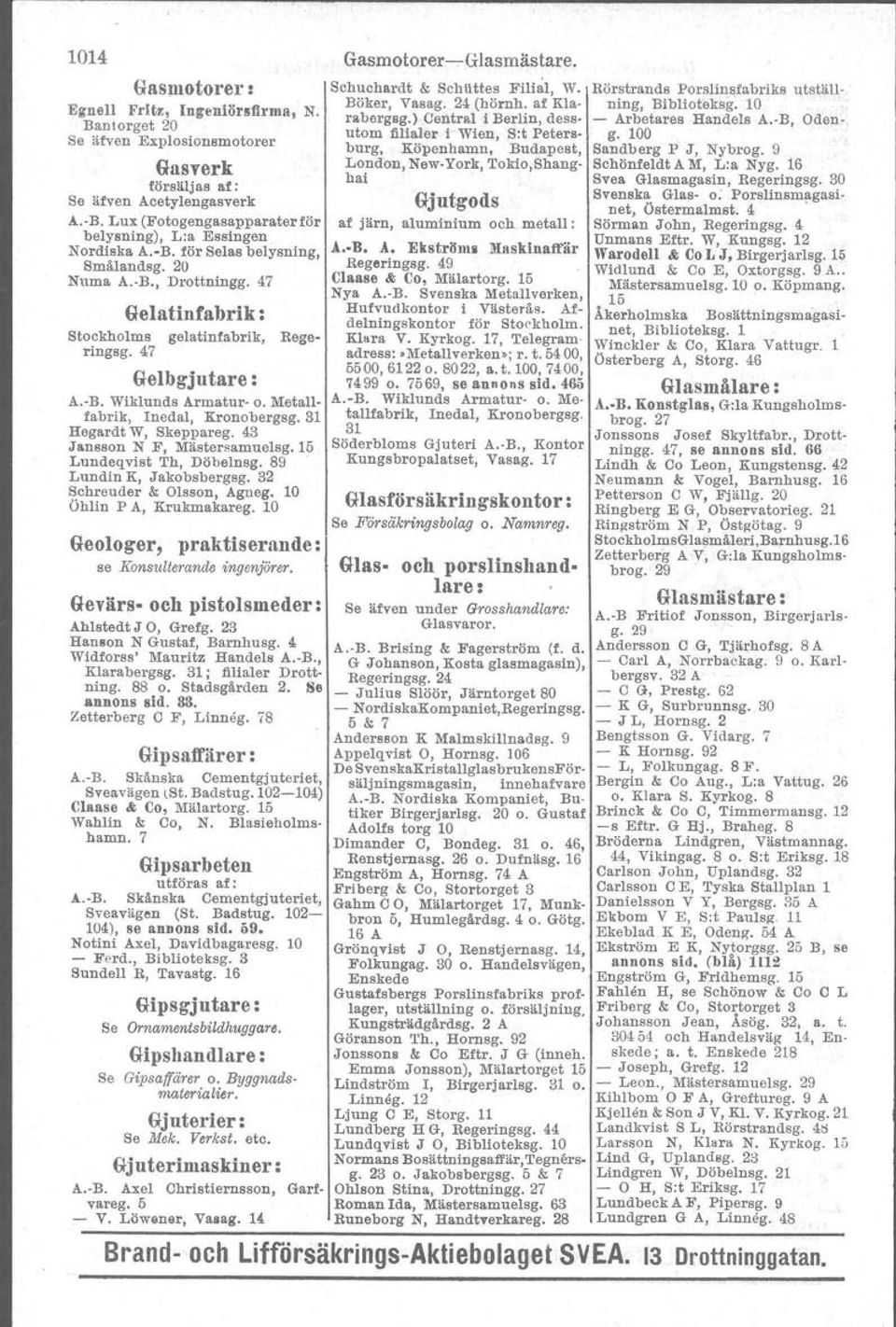 -B. Wiklunds Armatur- o. Metallfabrik, lnedal, Kronobergsg.31 Hegardt W, Skeppareg. 43 Jansson N F, Mästersamuelsg. 1 Lundeqvist Th, Döbelnsg. 89 Lundin K, Jakobsbergsg. 32 Schreuder & Olsson, Agneg.