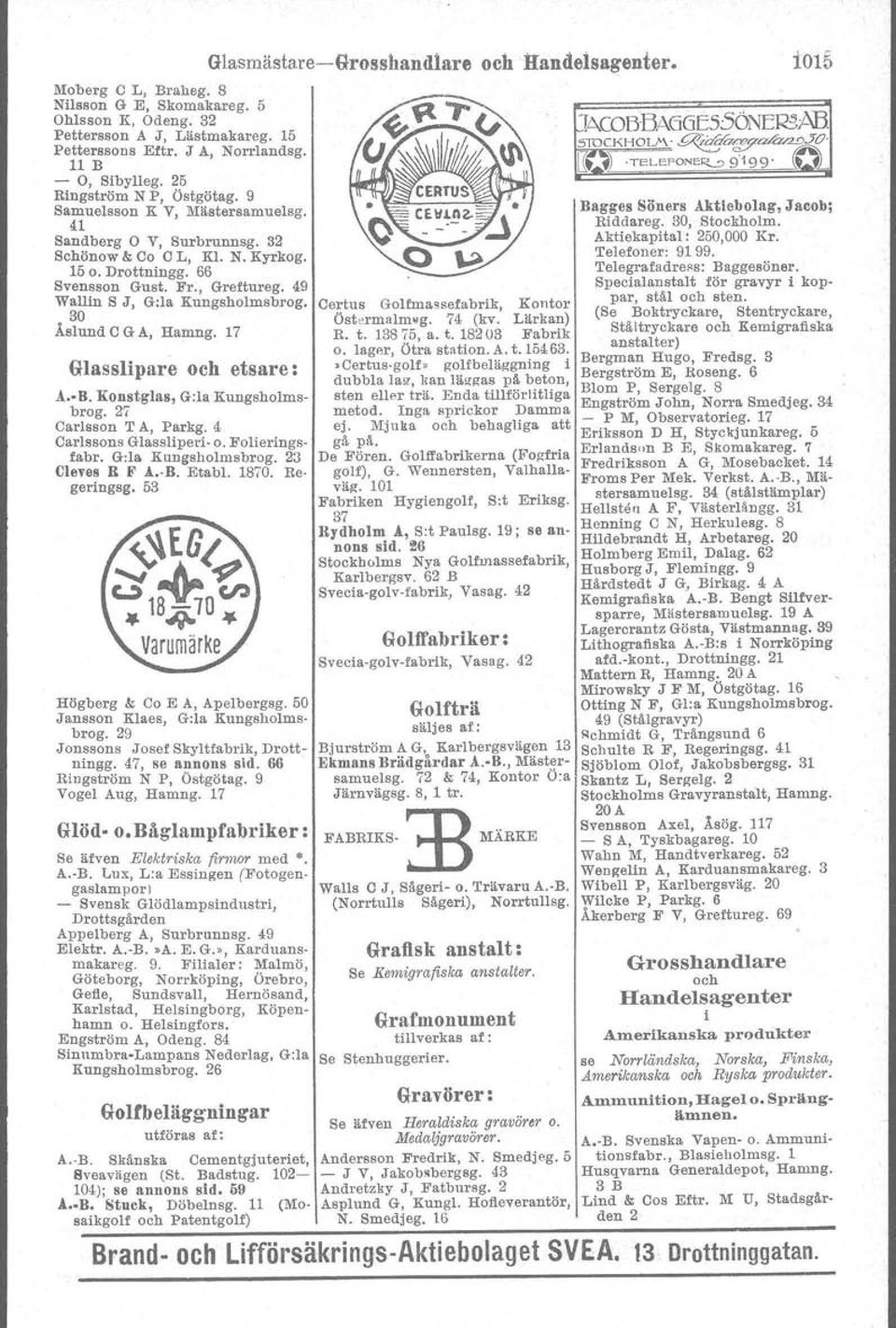 49 W~gin S J, G:la Kungsholmsbrog. ÅslundCGA, Hamng. 1 Glasslipare Glasmästare-Grosshandlare och etsare: A.-B. Konstglas, G:la Kungsholmsbrog. 2 Carlsson T A, Parkg. 4 Carlssons Glassltperi- o.