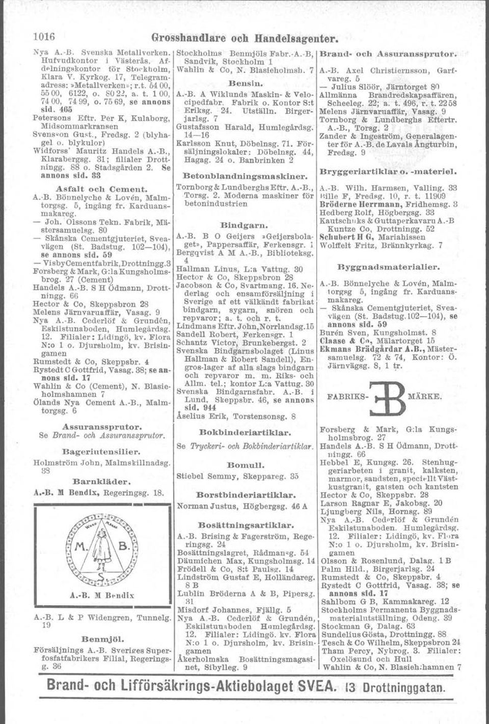 69, se annons sid. 466 Petersons Eftr. Per K, Kulaborg, Midsommarkransen Svens-on Gust., Fredsg. 2 (blyhagel o. blykulor) Widforss' Mauritz Handels A. B., Klarabergsg. 31; filialer Drottningg. S8 o.