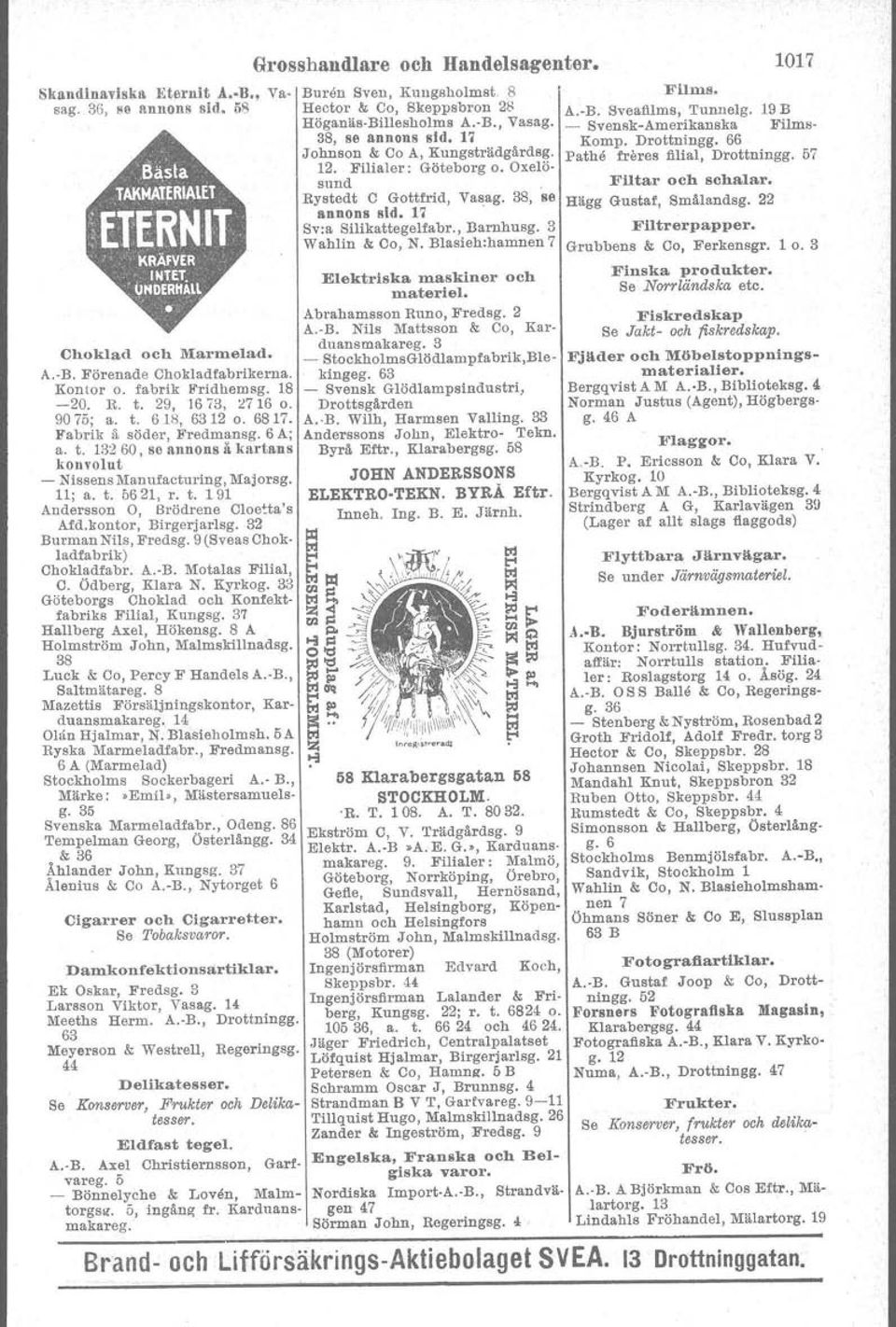 kontor, Birgerjarlsg. 32 Burman Nils, Fredsg. 9 (Sveas Chokladfabrik) Chokladfabr. A. B. Motalas Filial, C. Ödberg, Klara N. Kyrkog. 33 Göteborgs Choklad och Konfektfabriks Filial, Kungsg.