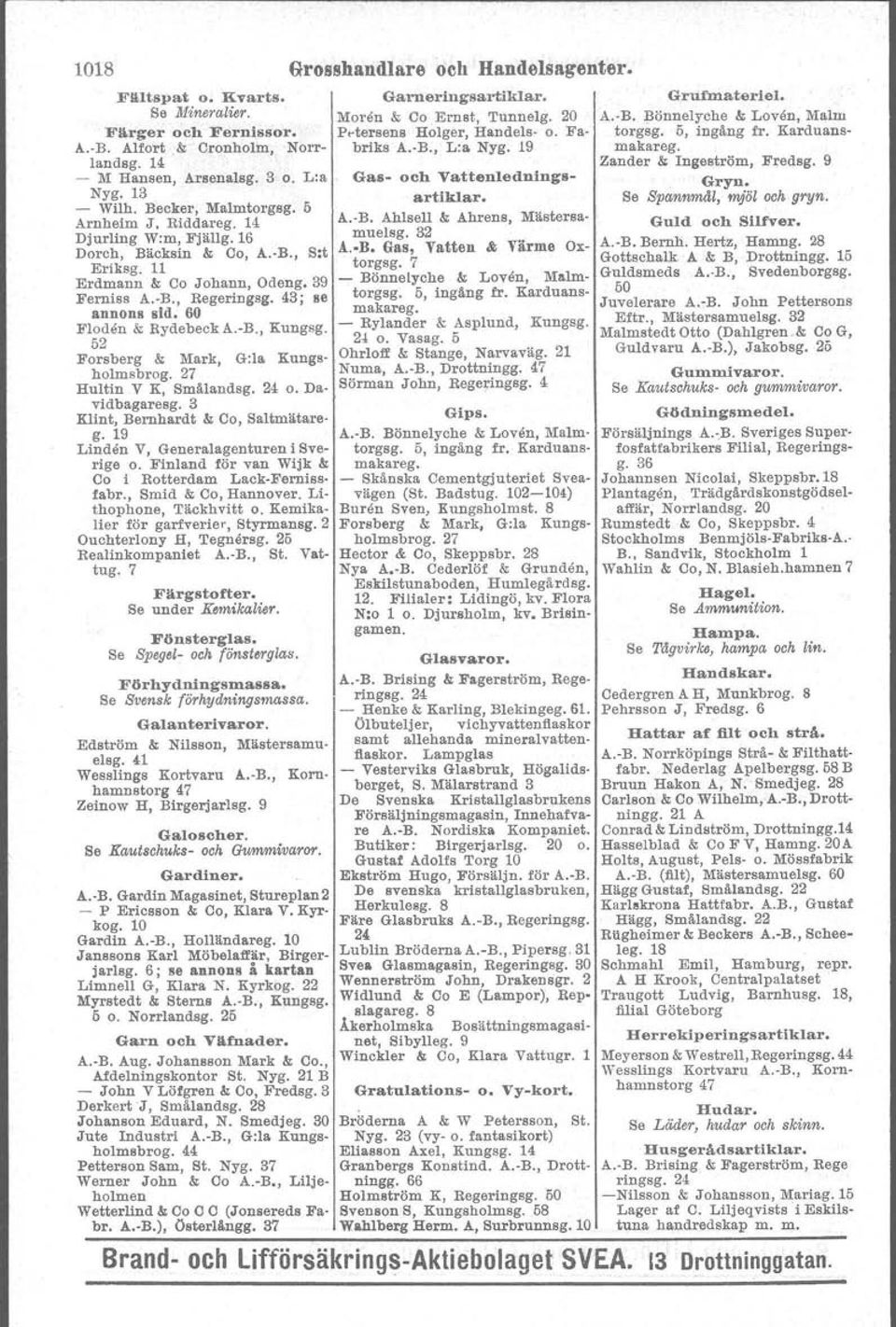 2 Forsberg l;< Mark, G:la Kungs holmsbrog. 2 Hultin V K, Smålandsg. 24 o. Da vidbagaresg. 3 Klint, Bernhardt l;< Co, Baltmätareg. 19 Linden V, Generalagenturen i Sverige o.