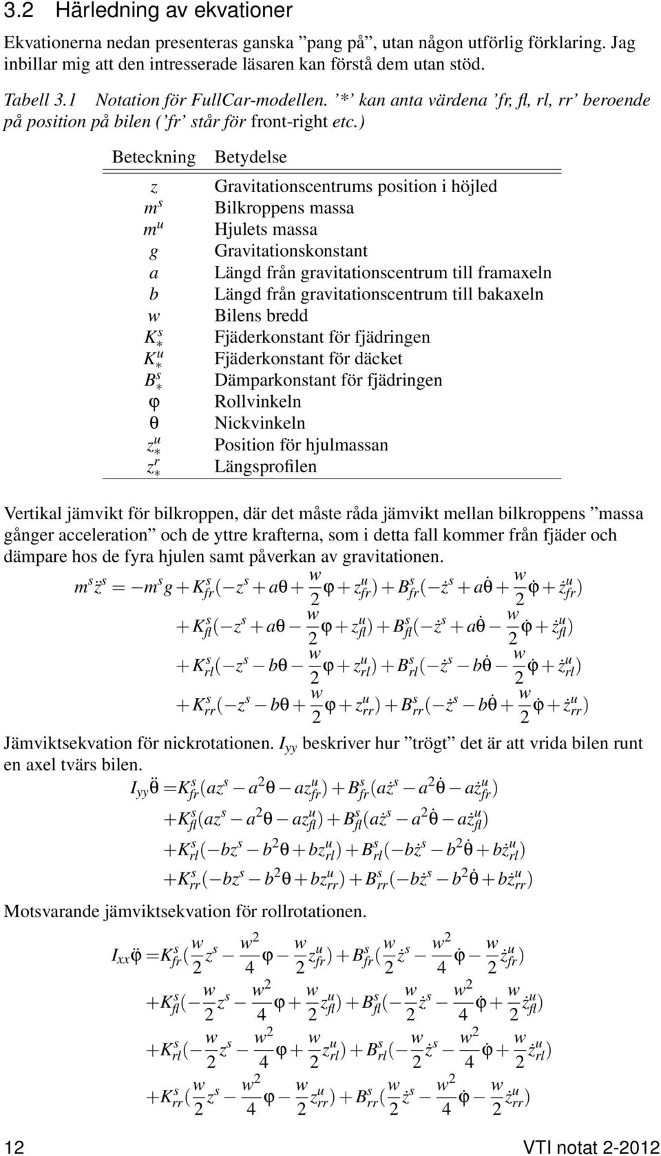 Beteckning z m m u g a b w K K u B ϕ θ z u z r Betydele Gravitationcentrum poition i höjled Bilkroppen maa Hjulet maa Gravitationkontant Längd från gravitationcentrum till framaxeln Längd från