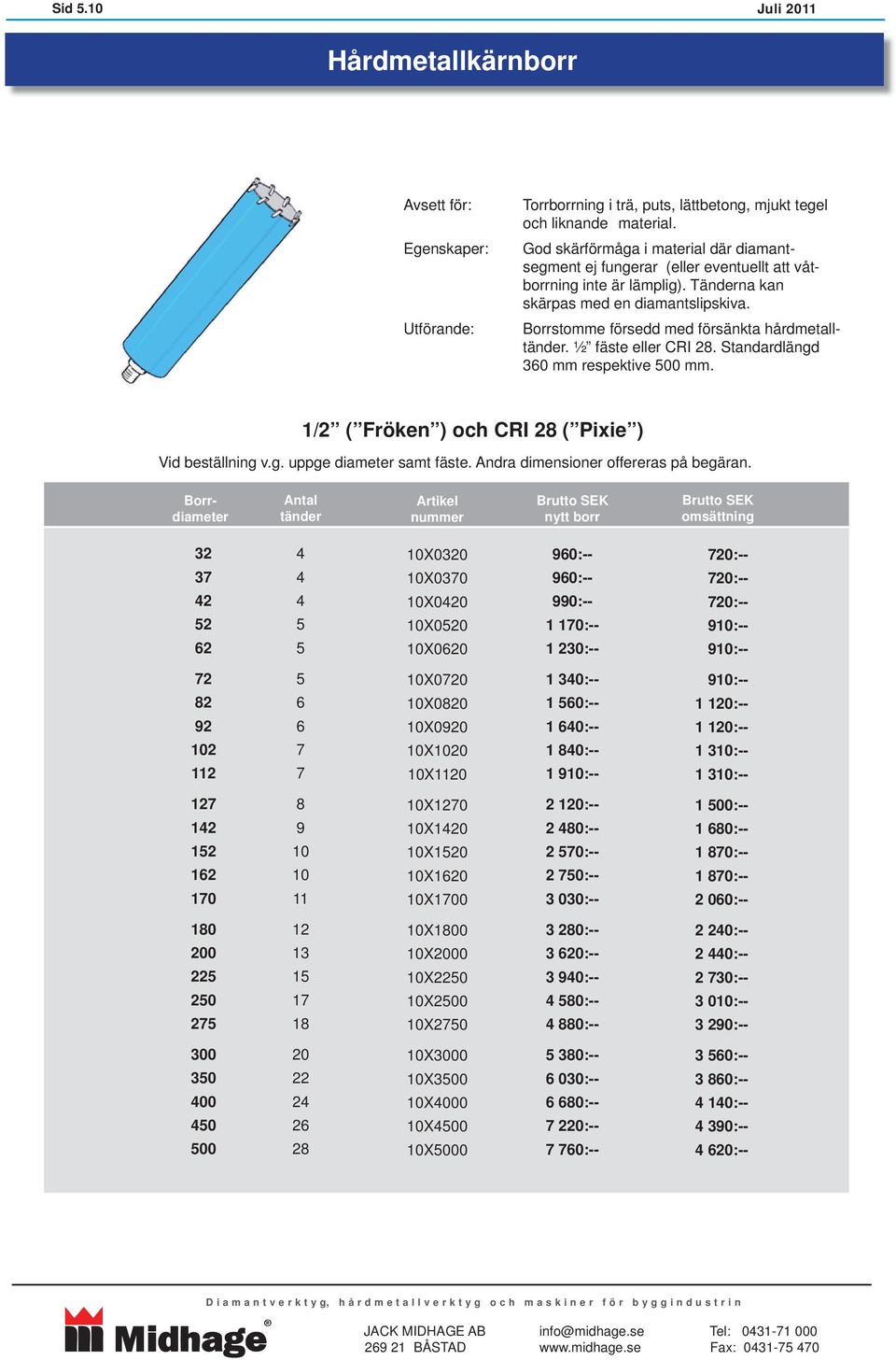 Borrstomme försedd med försänkta hårdmetalltänder. ½ fäste eller CRI 28. Standardlängd 30 mm respektive 500 mm. 1/2 ( Fröken ) och CRI 28 ( Pixie ) Vid beställning v.g. uppge diameter samt fäste.