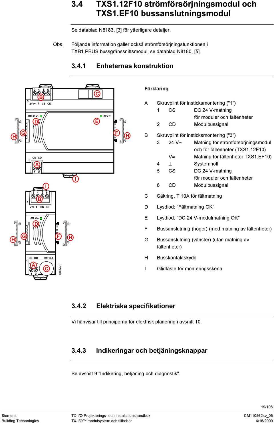 1 Enheternas konstruktion 3 24V 24V 3 4 5 6 D B CS CD C E 24V Förklaring A Skruvplint för insticksmontering ("1") 1 CS DC 24 V-matning för moduler och fältenheter 2 CD Modulbussignal H G 1 3 V CS CD