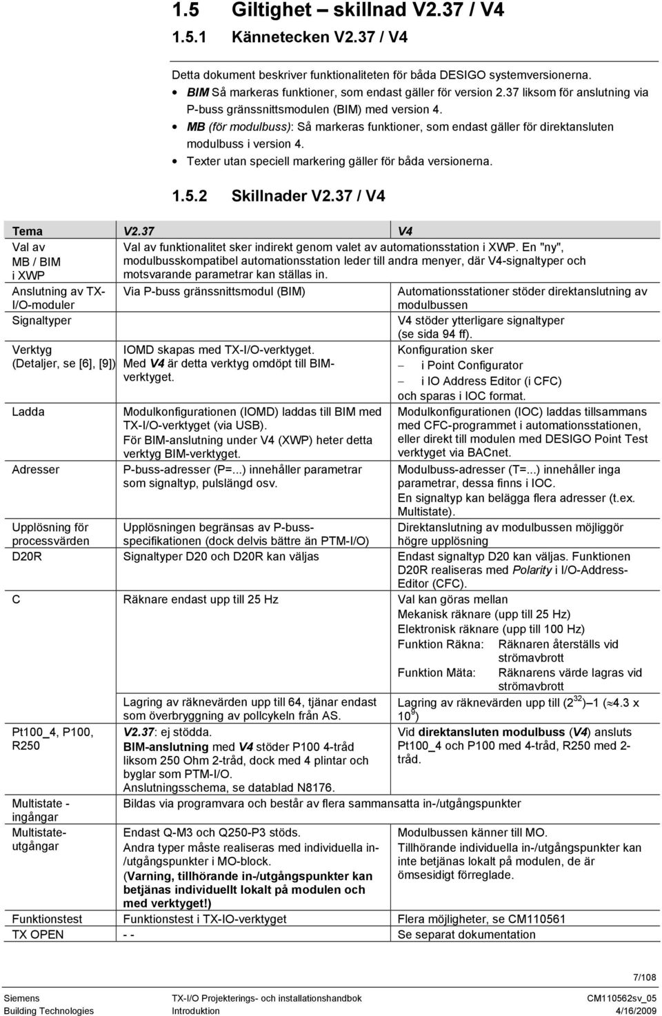 Texter utan speciell markering gäller för båda versionerna. 1.5.2 Skillnader V2.37 / V4 Tema V2.37 V4 Val av MB / BIM i XWP Val av funktionalitet sker indirekt genom valet av automationsstation i XWP.