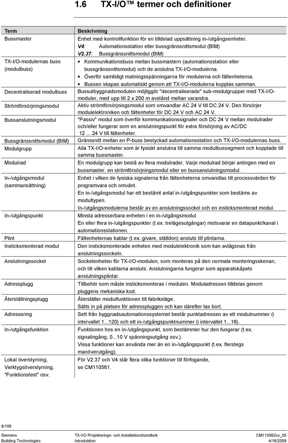 uppsättning in-/utgångsenheter. V4: Automationsstation eller bussgränssnittsmodul (BIM) V2.