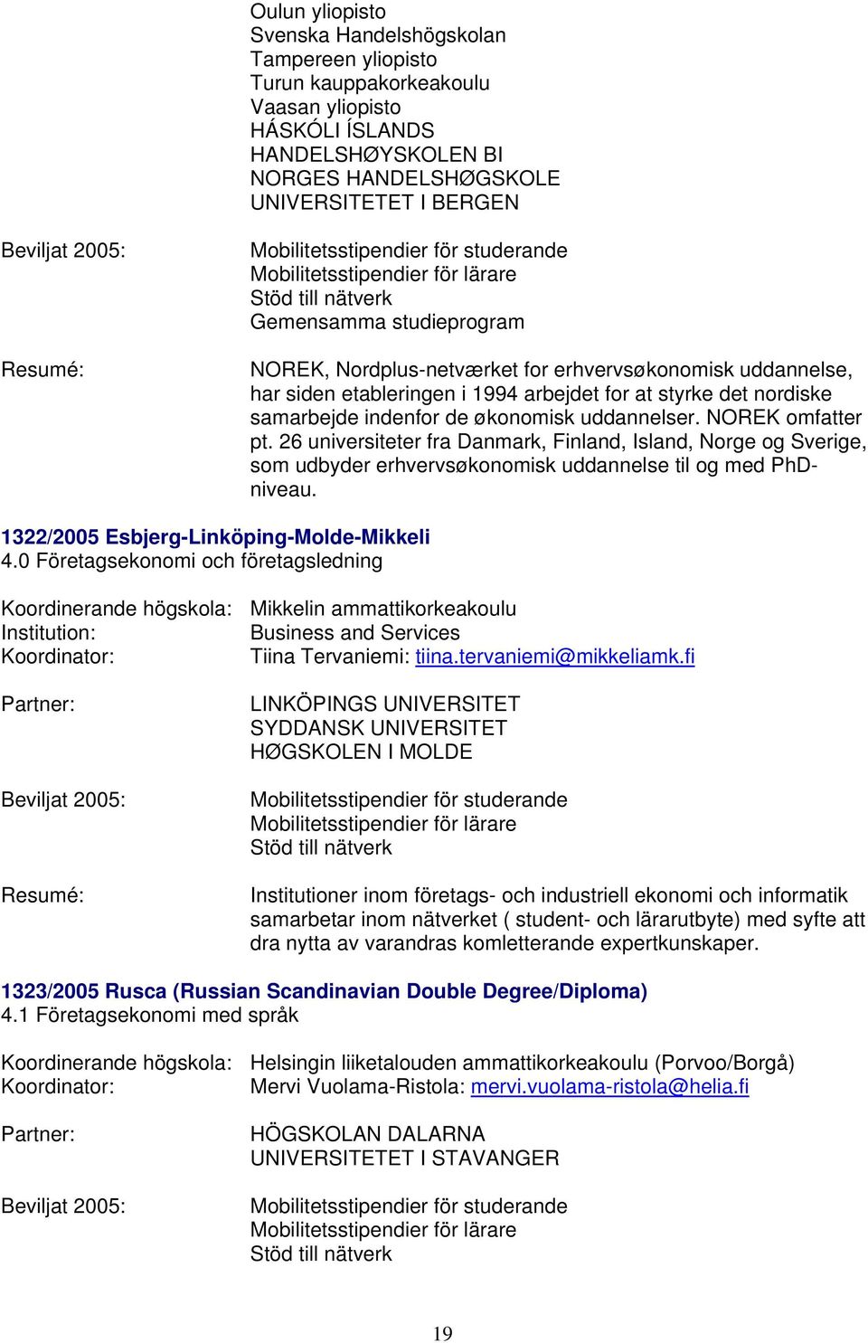 NOREK omfatter pt. 26 universiteter fra Danmark, Finland, Island, Norge og Sverige, som udbyder erhvervsøkonomisk uddannelse til og med PhDniveau. 1322/2005 Esbjerg-Linköping-Molde-Mikkeli 4.