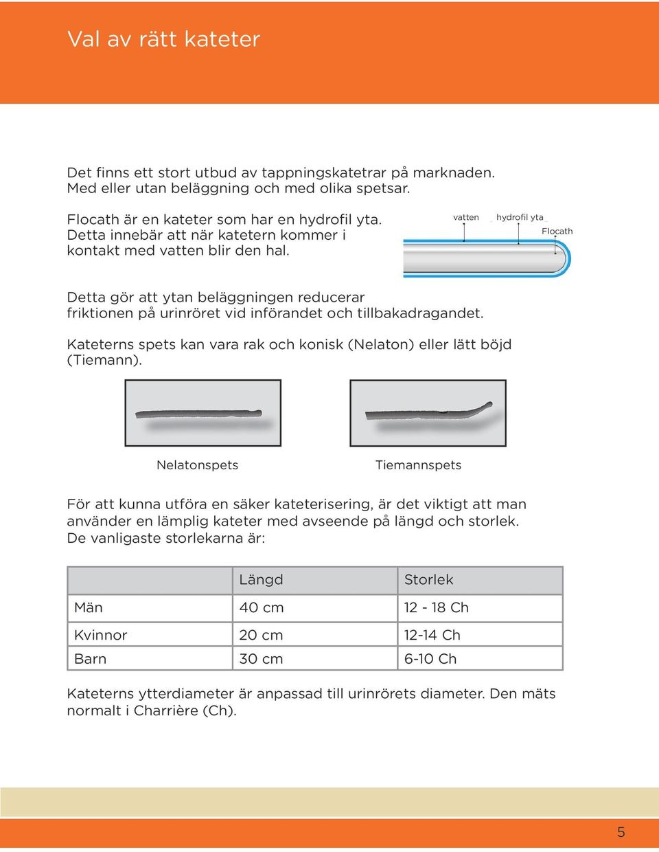 kan vara rak och konisk (Nelaton) eller lätt böjd (Tiemann) Nelatonspets Tiemannspets För att kunna utföra en säker kateterisering, är det viktigt att man använder en lämplig kateter med avseende på